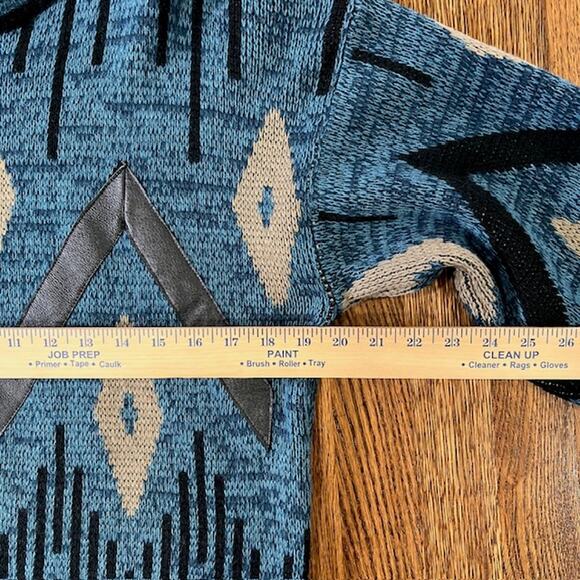 VTG 90s Atlantic Traders Knit Geometric Sweater Mens L Leather Trim Blue Tan - Picture 5 of 7